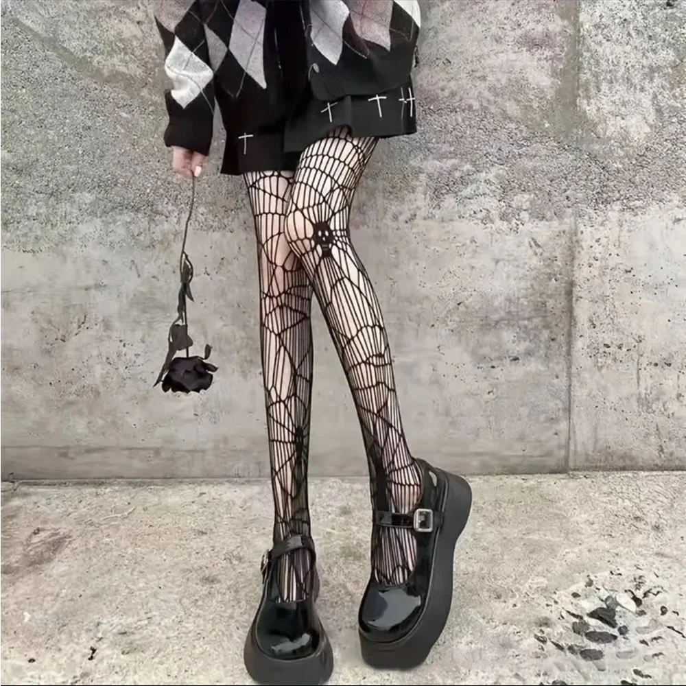 Black Gothic Skull Pattern Fishnet Tights Sexy Hollow Out Mesh Pantyhose OneSize